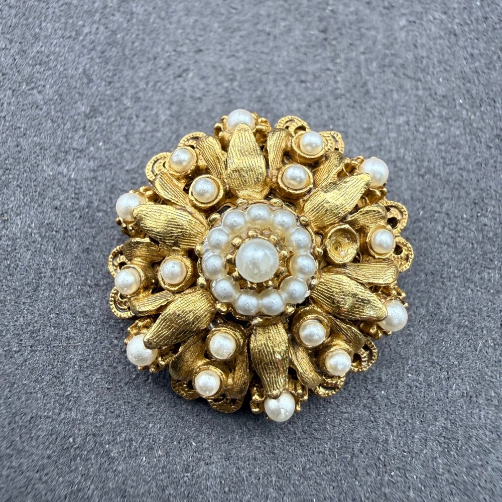 Vintage Signed Florenza Brooch Pin Gold Tone Faux Pearl Layered Sunburst Floral